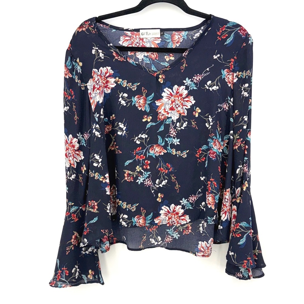 Go Fish Boutique Floral Bell‎ Sleeve XS Navy Blue Sheer Boho Chic Festival Top